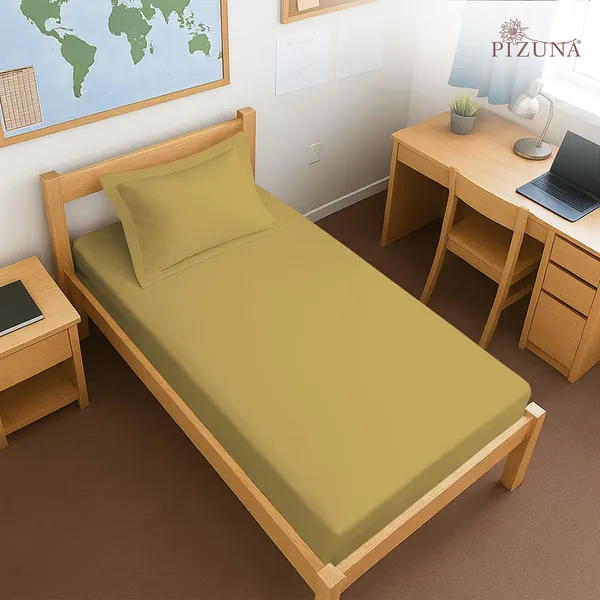 Pizuna_100%_Cotton_Solid_Mustard_Gold_Single_Fitted_Bedsheet_Set