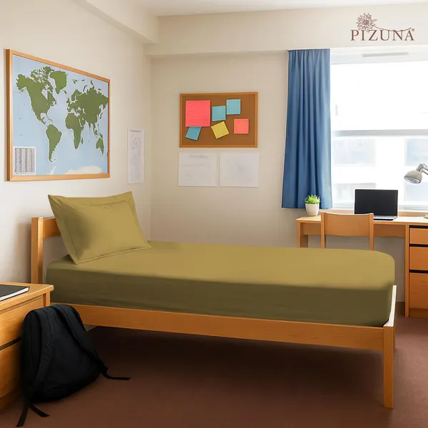 Pizuna_100%_Cotton_Solid_Mustard_Gold_Single_Fitted_Bedsheet_Set