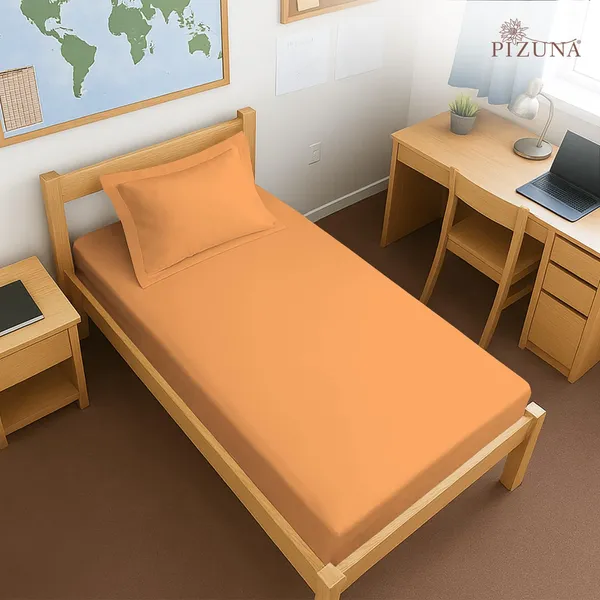 Pizuna_100%_Cotton_Solid_Apricot_Orange_Single_Fitted_Bedsheet_Set