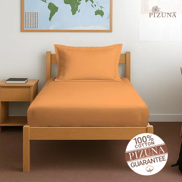 Pizuna_100%_Cotton_Solid_Apricot_Orange_Single_Fitted_Bedsheet_Set