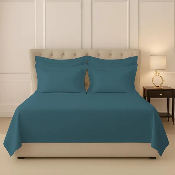 Cotton_Solid_Peacock_Blue_Super_King_Flat_Bedsheet_With_Pillow_Covers