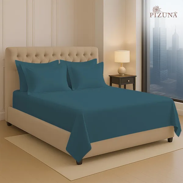 Cotton_Solid_Peacock_Blue_Super_King_Flat_Bedsheet_With_Pillow_Covers