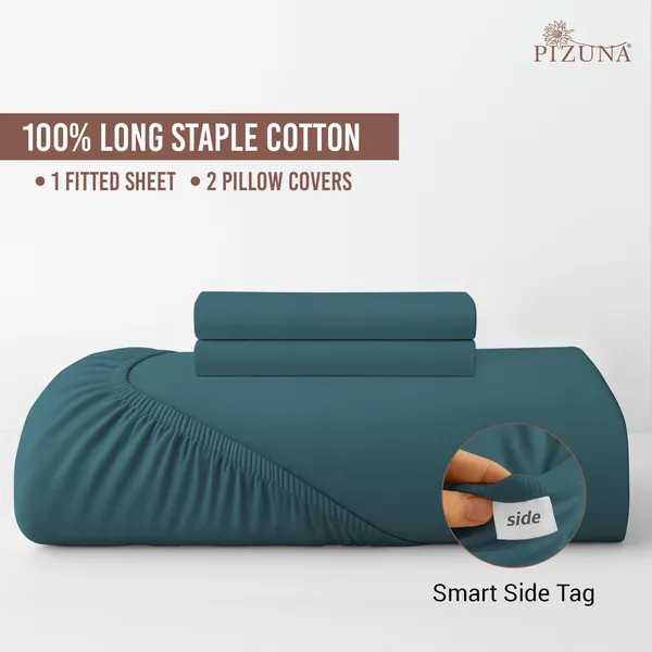 Pizuna_100%_Cotton_Solid_Peacock_Blue_King_Fitted_Bedsheet_Set