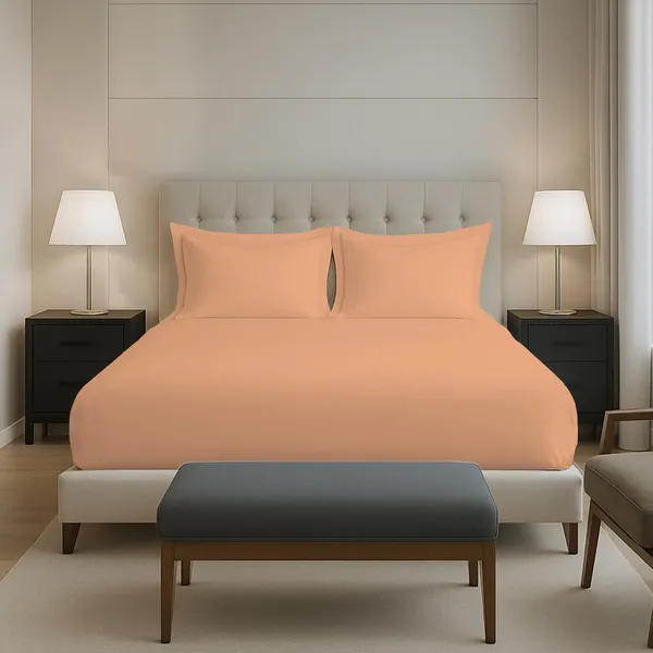 Pizuna_100%_Cotton_Solid_Peach_Queen_Fitted_Bedsheet_Set
