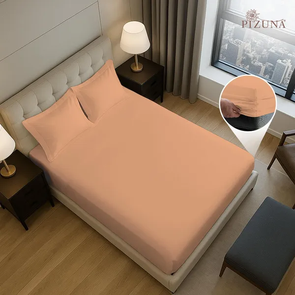 Pizuna_100%_Cotton_Solid_Peach_Queen_Fitted_Bedsheet_Set