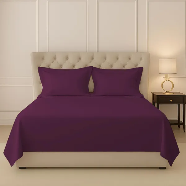 Pizuna_100%_Long_Staple_Cotton_Solid_Berry_Plum_King_Flat_Bedsheet_Set