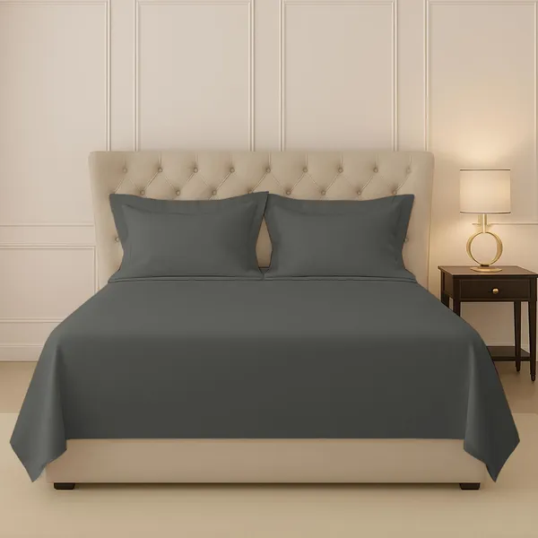 Pizuna_100%_Long_Staple_Cotton_Solid_Dark_Grey_Double_Bed_Bedsheet_Set