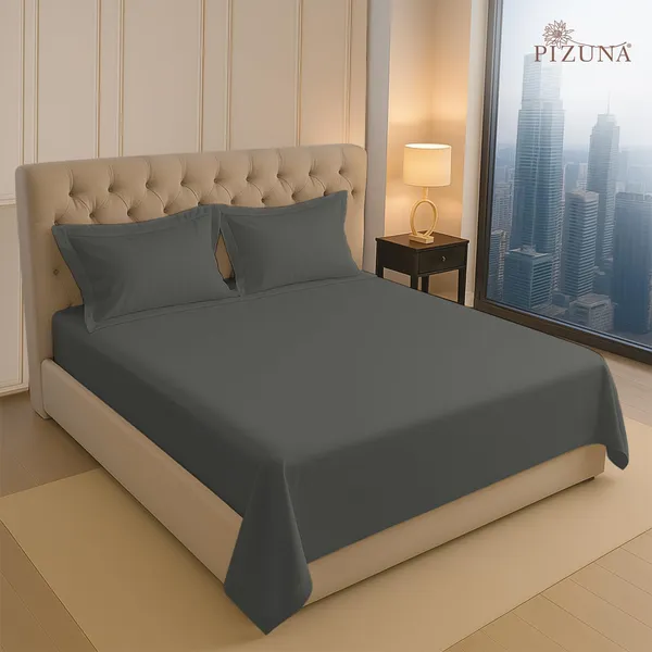 Pizuna_100%_Long_Staple_Cotton_Solid_Dark_Grey_Double_Bed_Bedsheet_Set