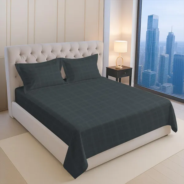 Pizuna_Cotton_Checks_Anthrazit_Grey_Super_King_Flat_Bedsheet_Set