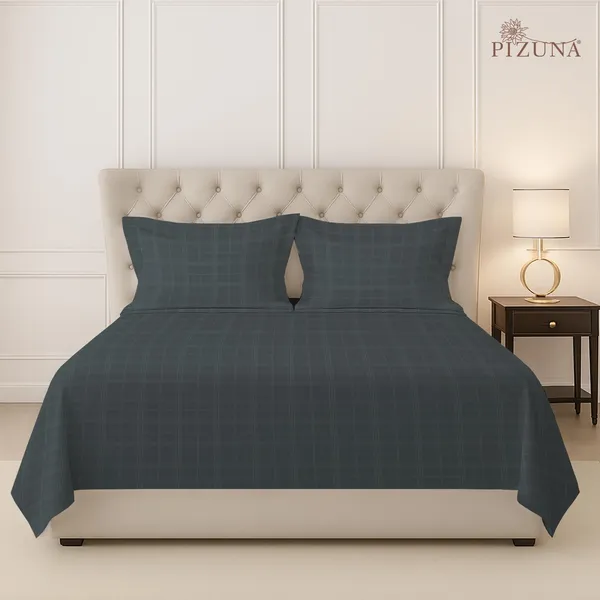 Pizuna_Cotton_Checks_Anthrazit_Grey_Super_King_Flat_Bedsheet_Set