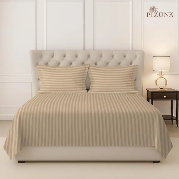 Pizuna_100%_Long_Staple_Cotton_Striped_Super_King_Flat_Bedsheet_Set_Taupe