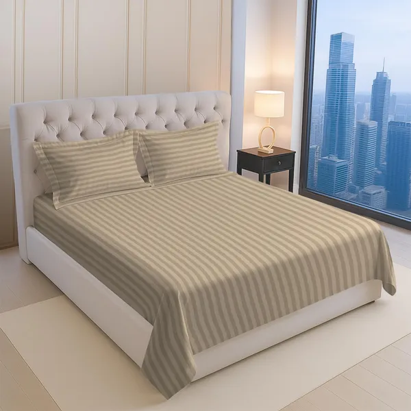 Pizuna_100%_Long_Staple_Cotton_Striped_Super_King_Flat_Bedsheet_Set_Taupe
