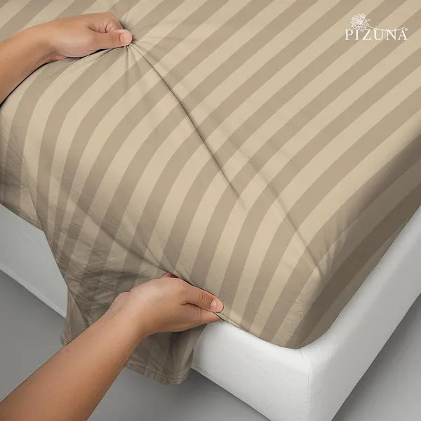 Pizuna_100%_Long_Staple_Cotton_Striped_Super_King_Flat_Bedsheet_Set_Taupe