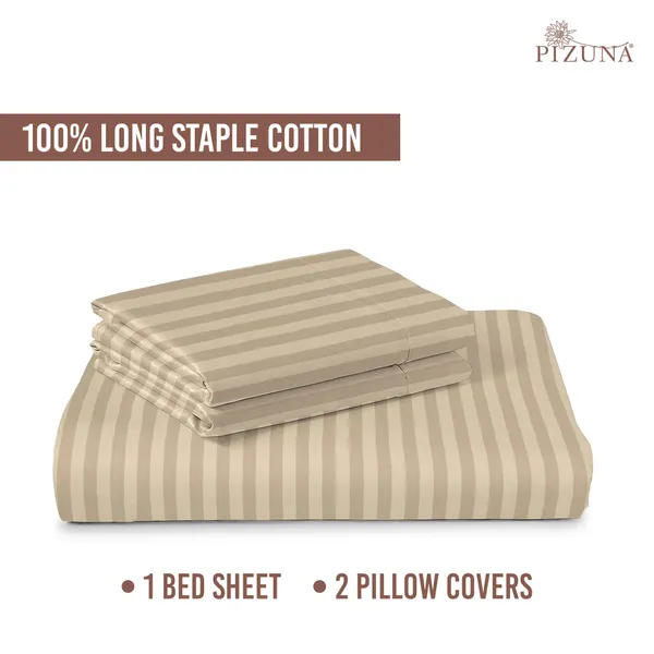 Pizuna_100%_Long_Staple_Cotton_Striped_Super_King_Flat_Bedsheet_Set_Taupe