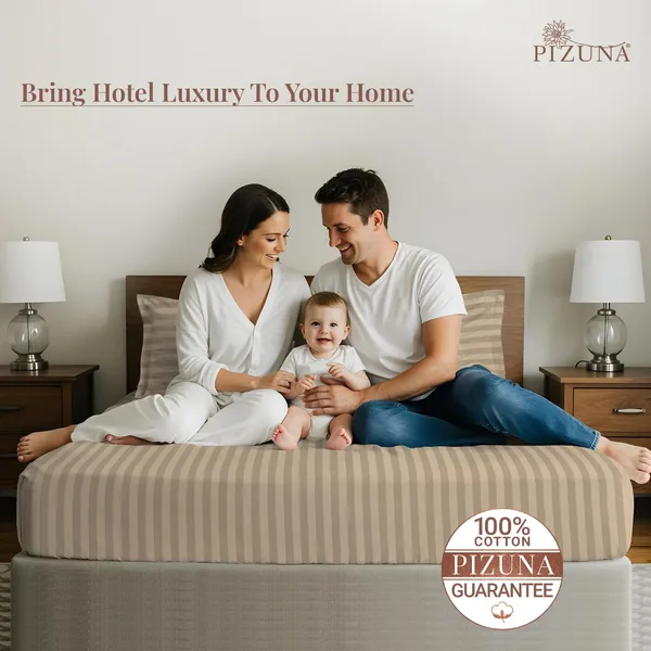 Pizuna_100%_Long_Staple_Cotton_Striped_Super_King_Flat_Bedsheet_Set_Taupe