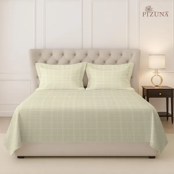 Pizuna_100%_Cotton_Checks_Cream_Super_King_Flat_Bedsheet_Set