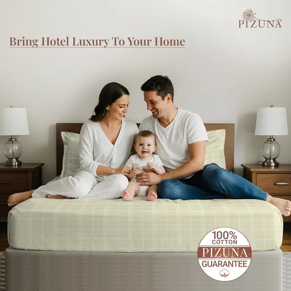 Pizuna_100%_Cotton_Checks_Cream_Super_King_Flat_Bedsheet_Set