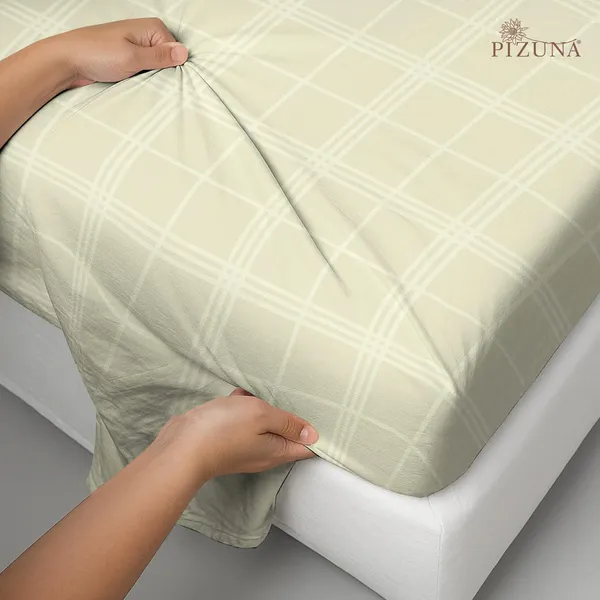 Pizuna_100%_Cotton_Checks_Cream_Super_King_Flat_Bedsheet_Set