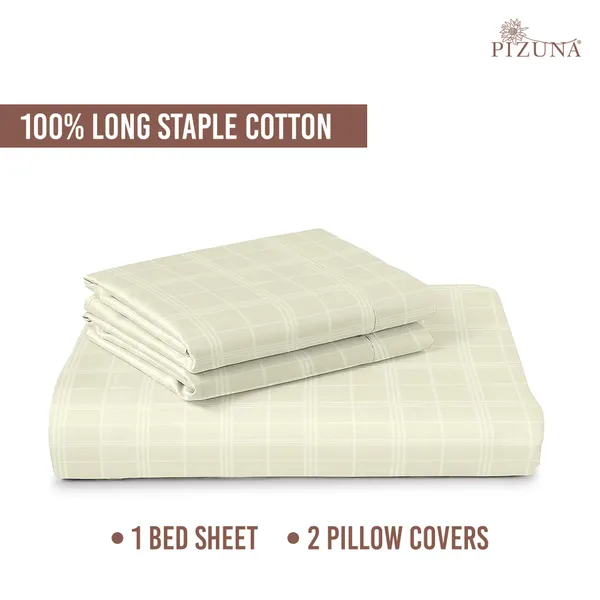 Pizuna_100%_Cotton_Checks_Cream_Super_King_Flat_Bedsheet_Set