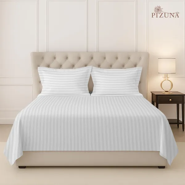 Pizuna_100%_Long_Staple_Cotton_Striped_Super_King_Flat_Bedsheet_Set_White