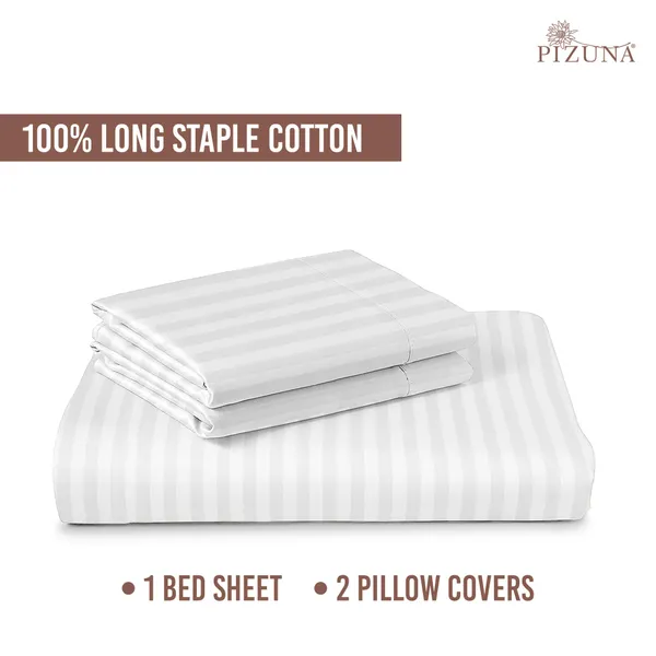 Pizuna_100%_Long_Staple_Cotton_Striped_Super_King_Flat_Bedsheet_Set_White
