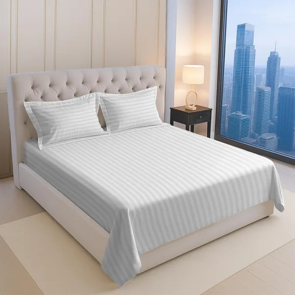 Pizuna_100%_Long_Staple_Cotton_Striped_Super_King_Flat_Bedsheet_Set_White