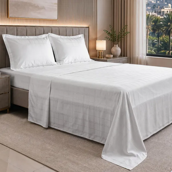 Pizuna_100%_Cotton_Checks_White_Super_King_Flat_Bedsheet