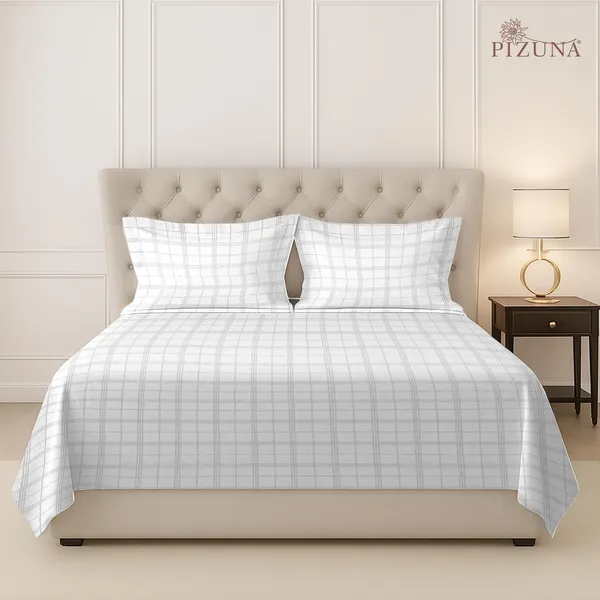 Pizuna_100%_Cotton_Checks_White_Super_King_Flat_Bedsheet