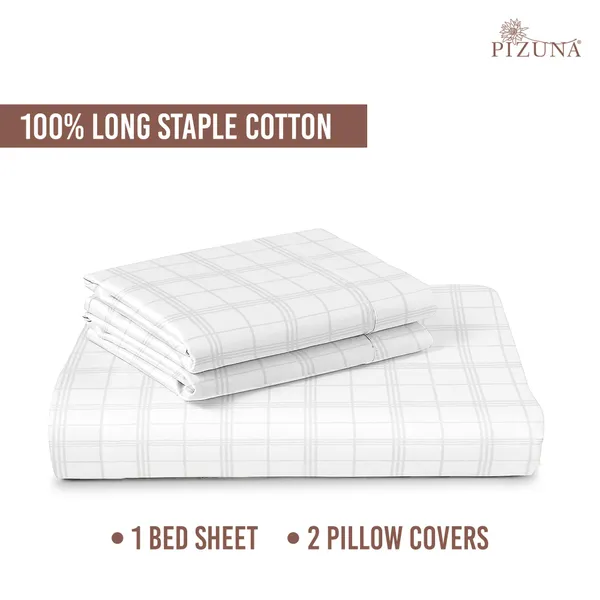 Pizuna_100%_Cotton_Checks_White_Super_King_Flat_Bedsheet