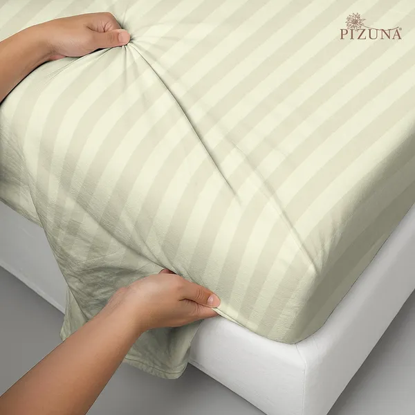 Pizuna_100%_Long_Staple_Cotton_Striped_Super_King_Flat_Bedsheet_Set_Cream