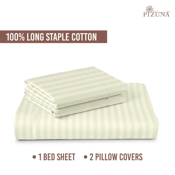Pizuna_100%_Long_Staple_Cotton_Striped_Super_King_Flat_Bedsheet_Set_Cream