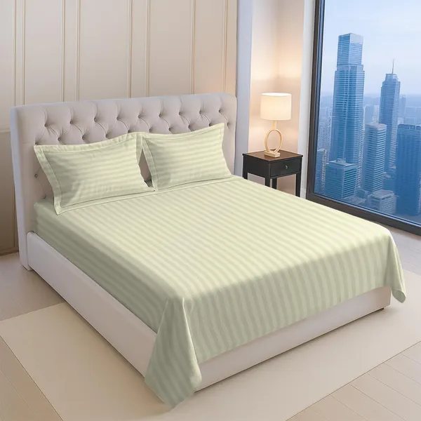 Pizuna_100%_Long_Staple_Cotton_Striped_Super_King_Flat_Bedsheet_Set_Cream