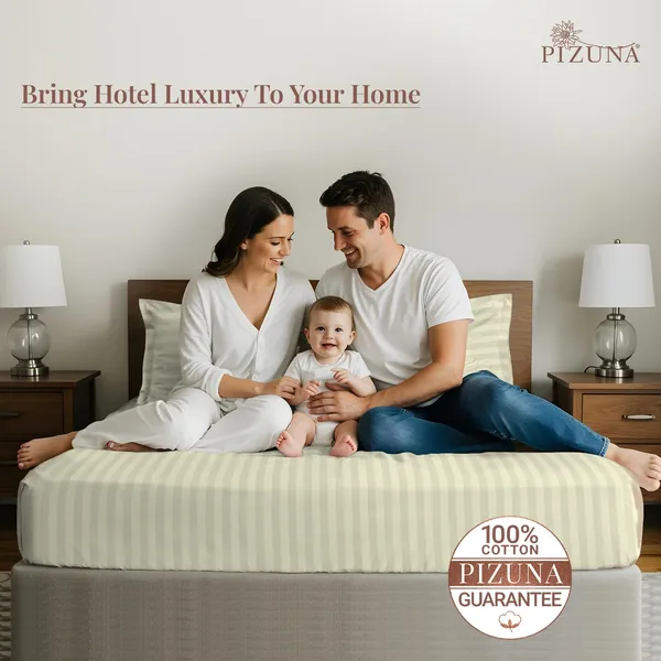 Pizuna_100%_Long_Staple_Cotton_Striped_Super_King_Flat_Bedsheet_Set_Cream