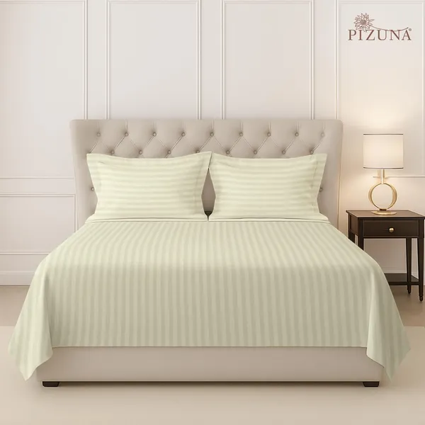 Pizuna_100%_Long_Staple_Cotton_Striped_Super_King_Flat_Bedsheet_Set_Cream