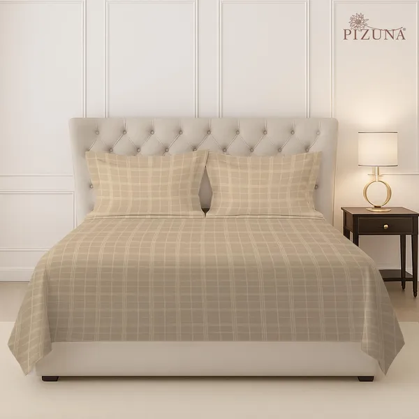 Pizuna_Cotton_Checks_Taupe_Super_King_Flat_Bedsheet_Set_With_2_Pillow_Covers