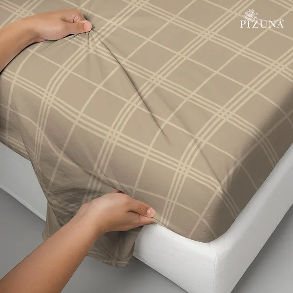 Pizuna_Cotton_Checks_Taupe_Super_King_Flat_Bedsheet_Set_With_2_Pillow_Covers