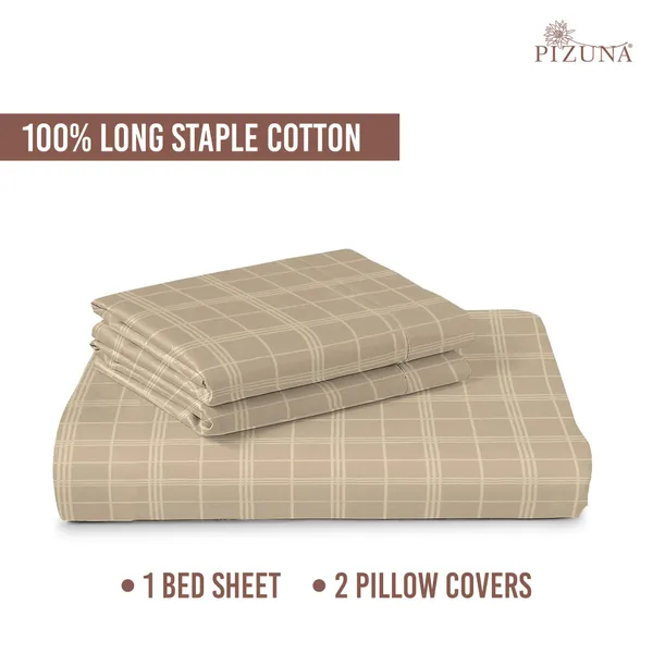 Pizuna_Cotton_Checks_Taupe_Super_King_Flat_Bedsheet_Set_With_2_Pillow_Covers