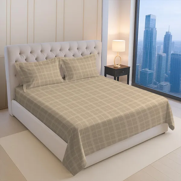 Pizuna_Cotton_Checks_Taupe_Super_King_Flat_Bedsheet_Set_With_2_Pillow_Covers