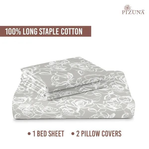 Pizuna_100%_Long_Staple_Cotton_Floral_Printed_Super_King_Flat_Bedsheet_Set_Silver