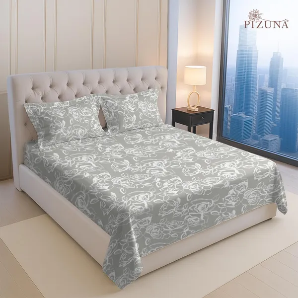 Pizuna_100%_Long_Staple_Cotton_Floral_Printed_Super_King_Flat_Bedsheet_Set_Silver