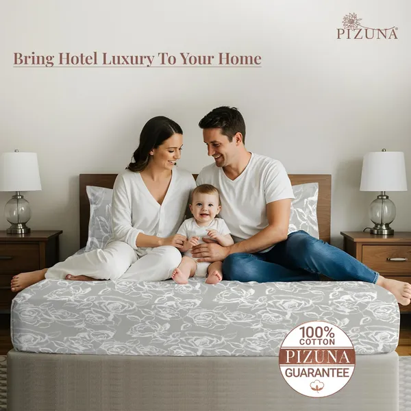 Pizuna_100%_Long_Staple_Cotton_Floral_Printed_Super_King_Flat_Bedsheet_Set_Silver