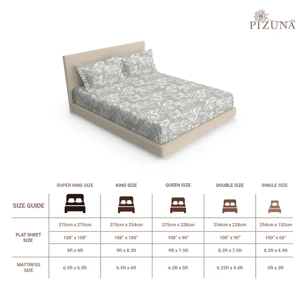 Pizuna_100%_Long_Staple_Cotton_Floral_Printed_Super_King_Flat_Bedsheet_Set_Silver