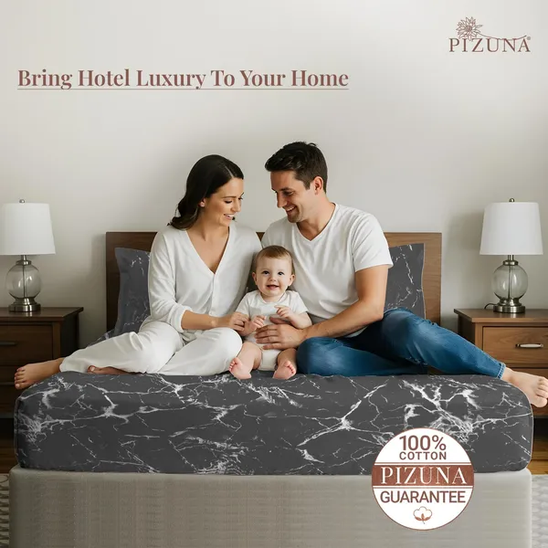 Pizuna_100%_Cotton_Marble_Print_Black_Super_King_Flat_Bedsheet_Set