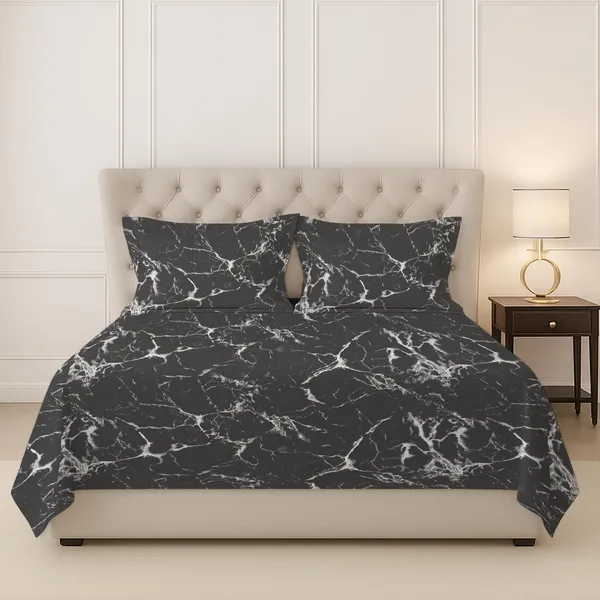 Pizuna_100%_Cotton_Marble_Print_Black_Super_King_Flat_Bedsheet_Set