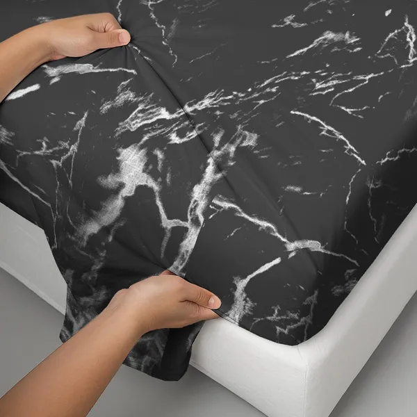 Pizuna_100%_Cotton_Marble_Print_Black_Super_King_Flat_Bedsheet_Set