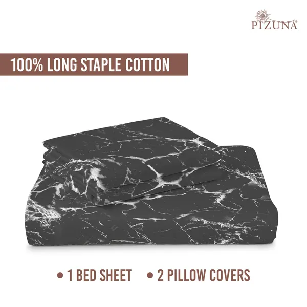 Pizuna_100%_Cotton_Marble_Print_Black_Super_King_Flat_Bedsheet_Set