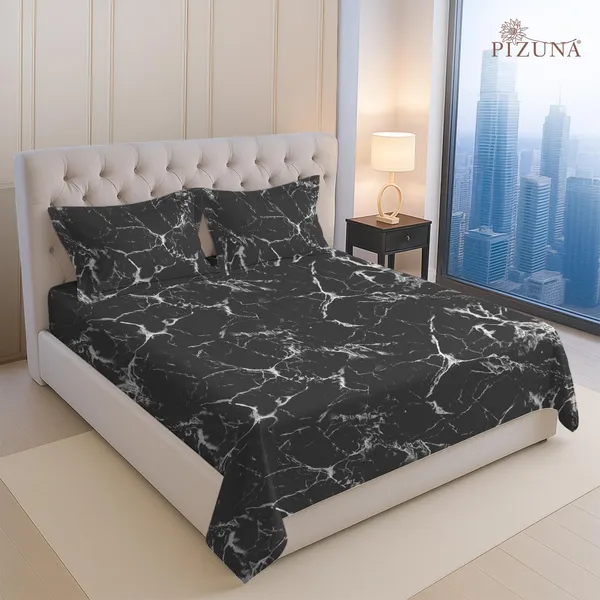 Pizuna_100%_Cotton_Marble_Print_Black_Super_King_Flat_Bedsheet_Set