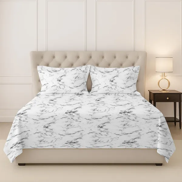 Pizuna_100%_Cotton_Marble_Print_White_Super_King_Flat_Bedsheet_Set