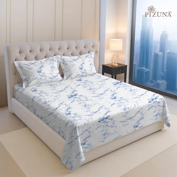 Pizuna_100%_Long_Staple_Cotton_Marble_Printed_Super_King_Flat_Bedsheet_Set_Blue
