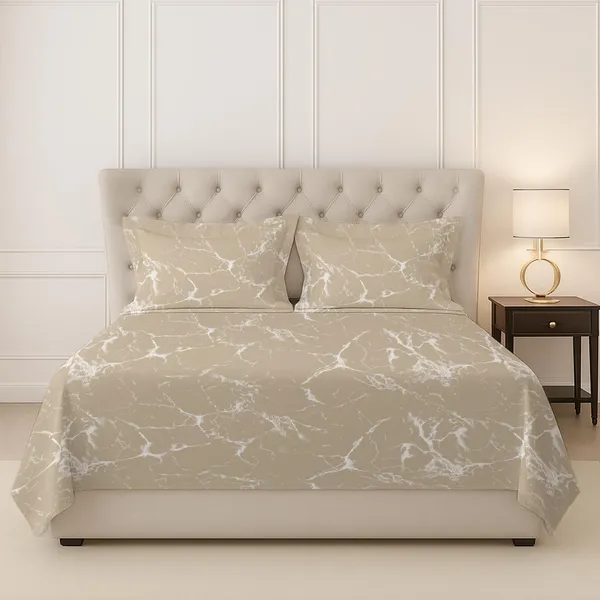 Pizuna_100%_Cotton_Marble_Print_Taupe_Super_King_Flat_Bedsheet_Set
